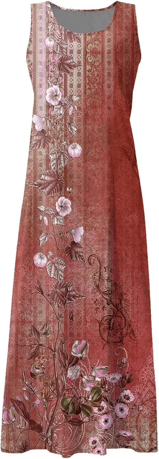 Dresses for Women 2025 Floral Print Sleeveless Beach Dress U Neck A-Line Boho Dress Casual Sundress with Pockets