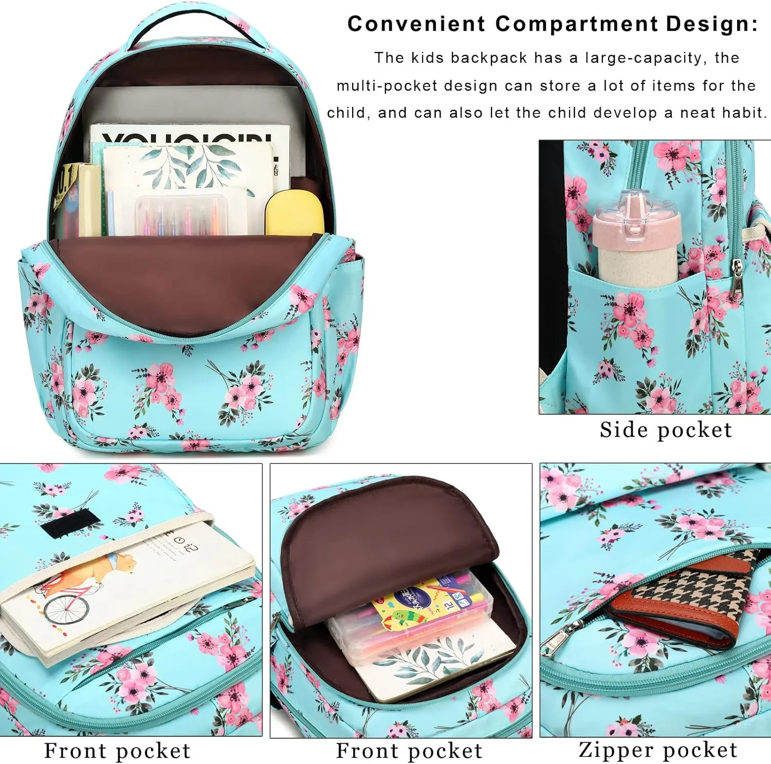 DSIUE Girls Backpack for School, Flower Backpack Bookbag with Lunch Box for Teen Girl, Bouquet Black