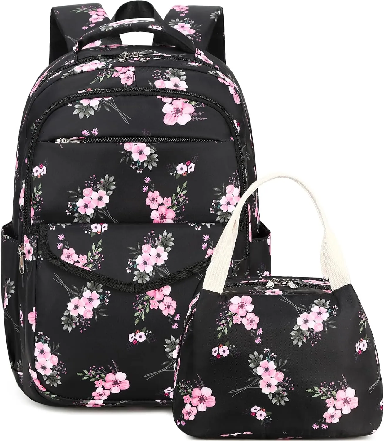 DSIUE Girls Backpack for School, Flower Backpack Bookbag with Lunch Box for Teen Girl, Bouquet Black