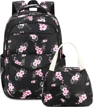 DSIUE Girls Backpack for School, Flower Backpack Bookbag with Lunch Box for Teen Girl, Bouquet Black