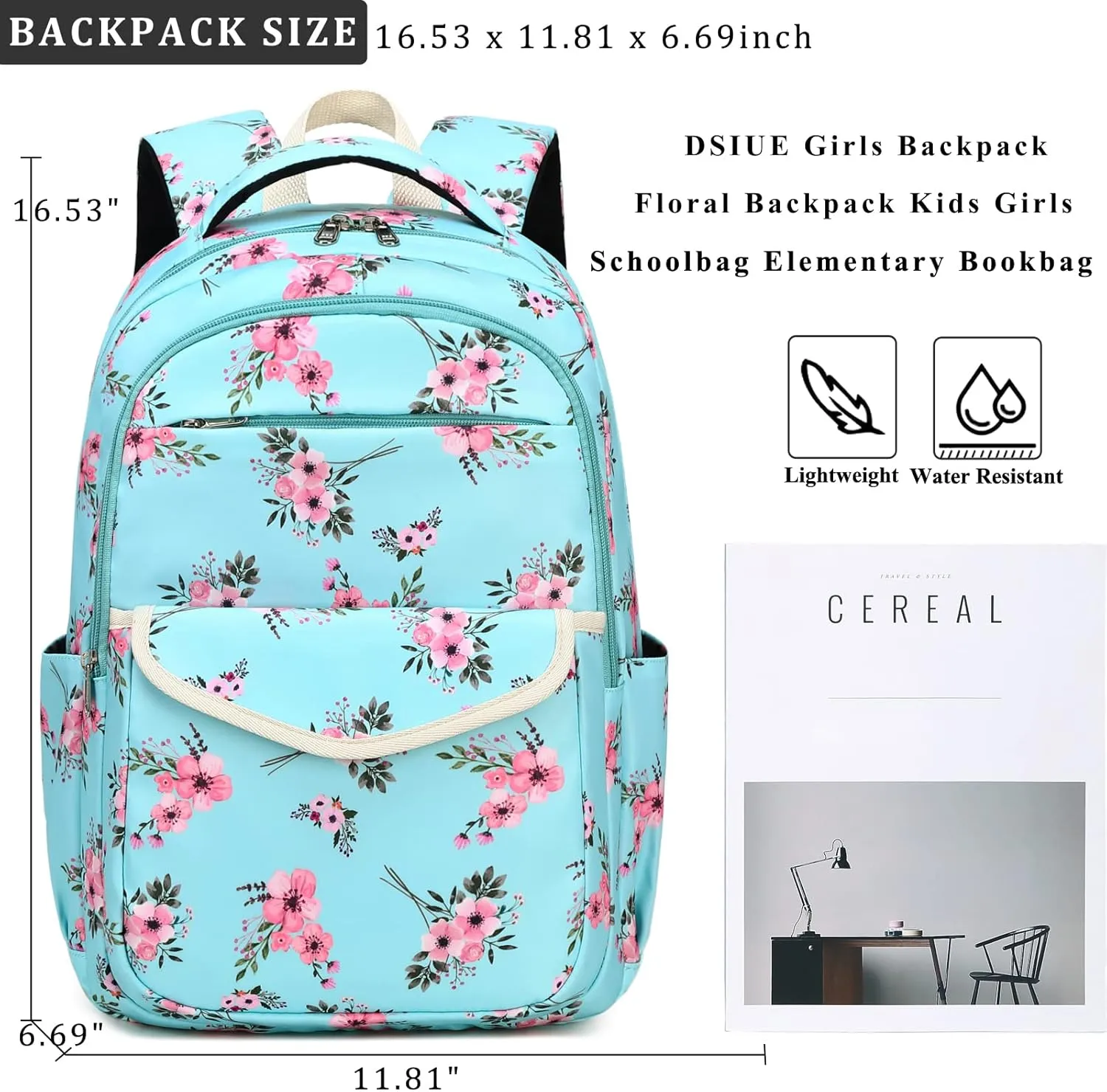 DSIUE Girls Backpack for School, Flower Backpack Bookbag with Lunch Box for Teen Girl, Bouquet Black
