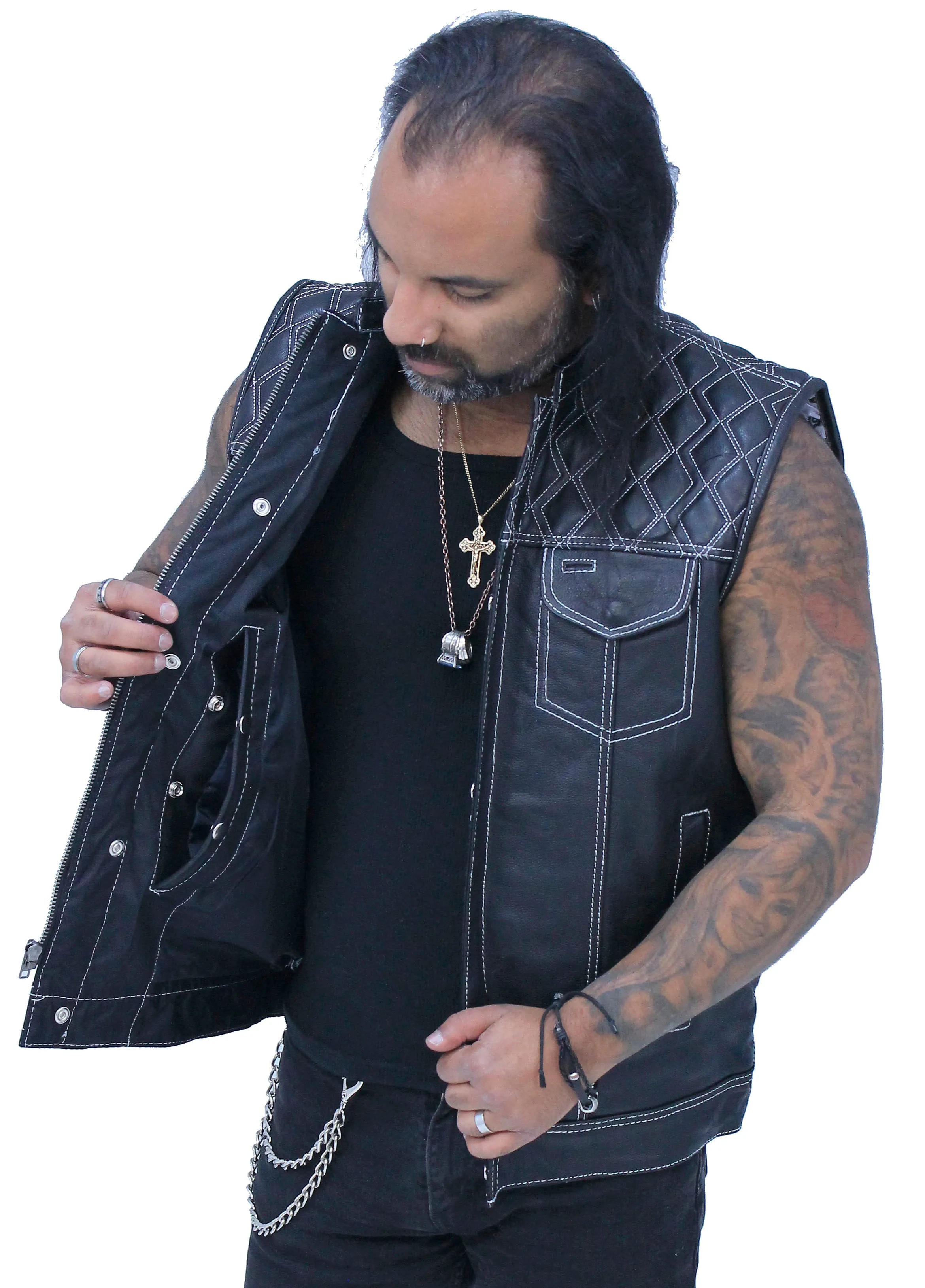 Easy Access Leather Club Vest with White Stitch Quilting #VM6408QW