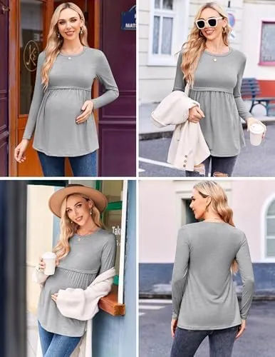 Ekouaer Maternity Shirts 3 Packs Pleated Long Sleeve Tops Tunic Casual Pregnancy Clothes