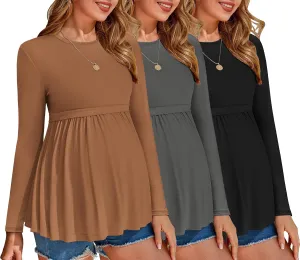 Ekouaer Maternity Shirts 3 Packs Pleated Long Sleeve Tops Tunic Casual Pregnancy Clothes
