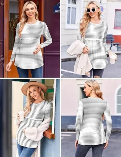 Ekouaer Maternity Shirts 3 Packs Pleated Long Sleeve Tops Tunic Casual Pregnancy Clothes
