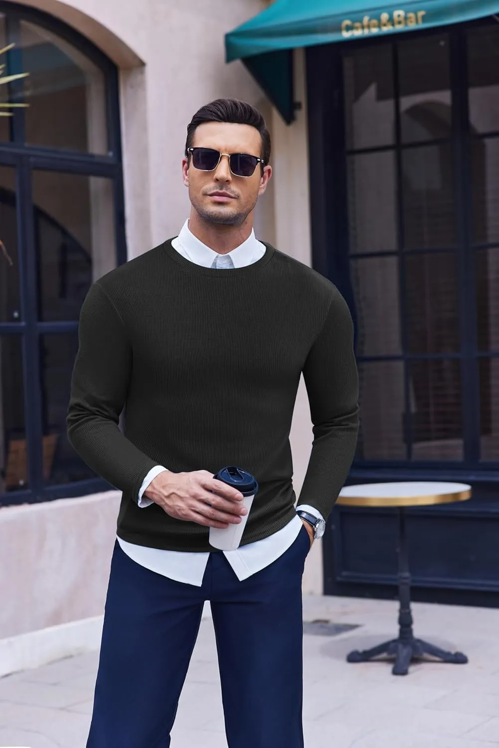 Ekouaer Men's Long Sleeve Shirts Honeycomb Waffle Pullover Sweater Crewneck Thermal Tops Lightweight Undershirts