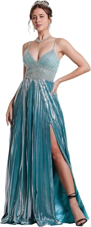 Elegant Sleeveless Formal Evening Dress with Straps, Lace-Up Back, High Waist & Front Slit,Sequin Pleated Skirt for Prom Gala, Teal, Small