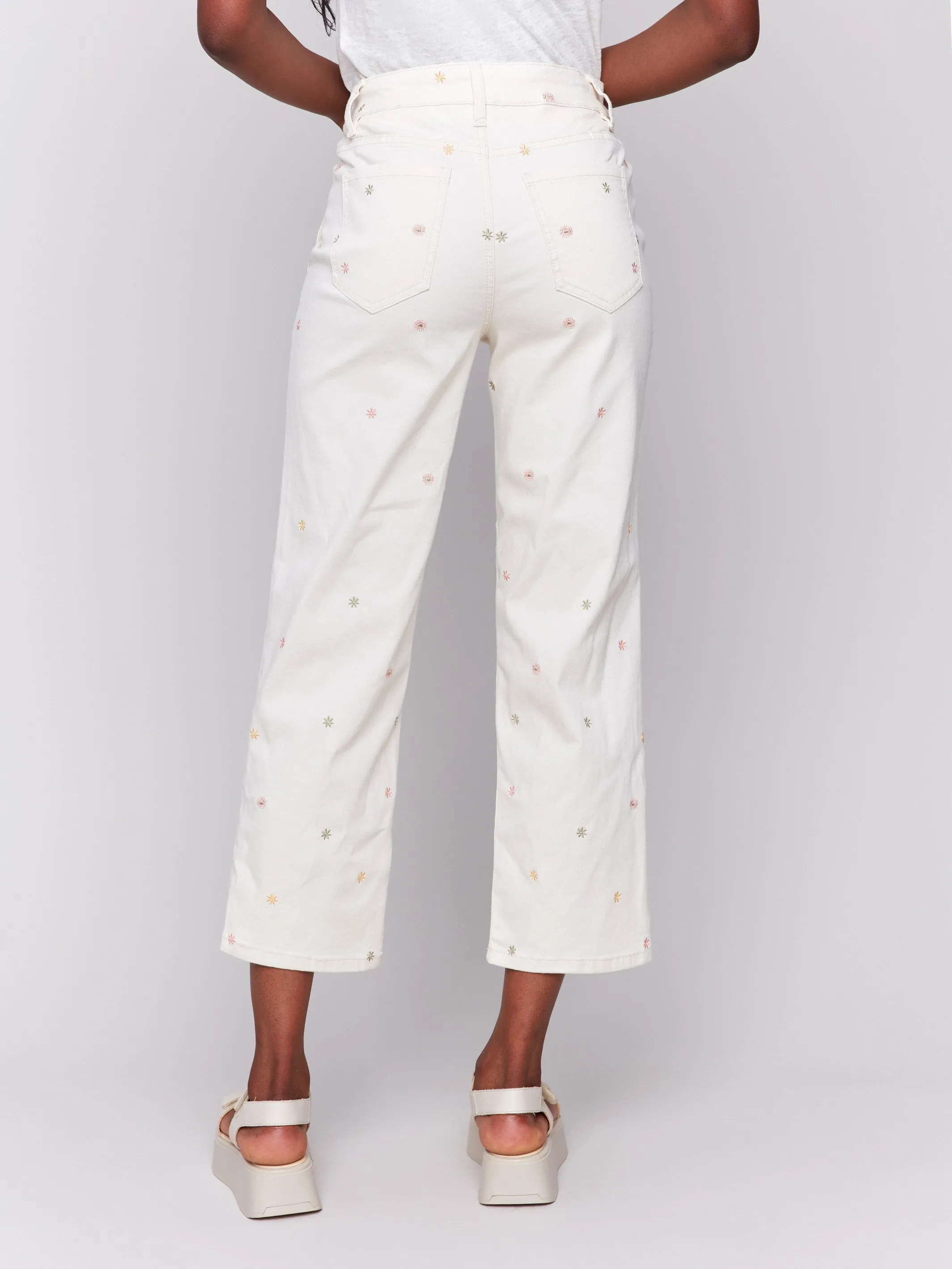 Embroidered Cropped Utility Twill Pants - Natural