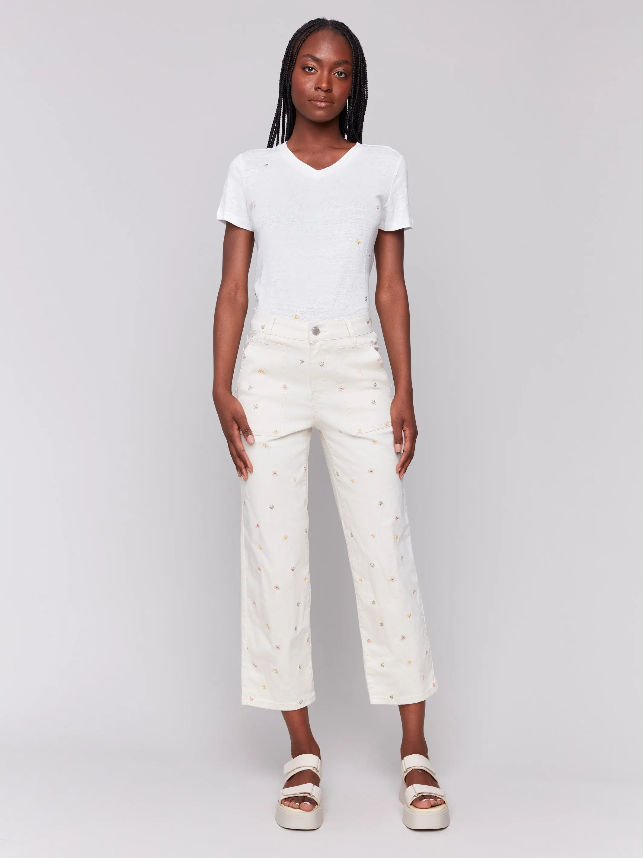 Embroidered Cropped Utility Twill Pants - Natural