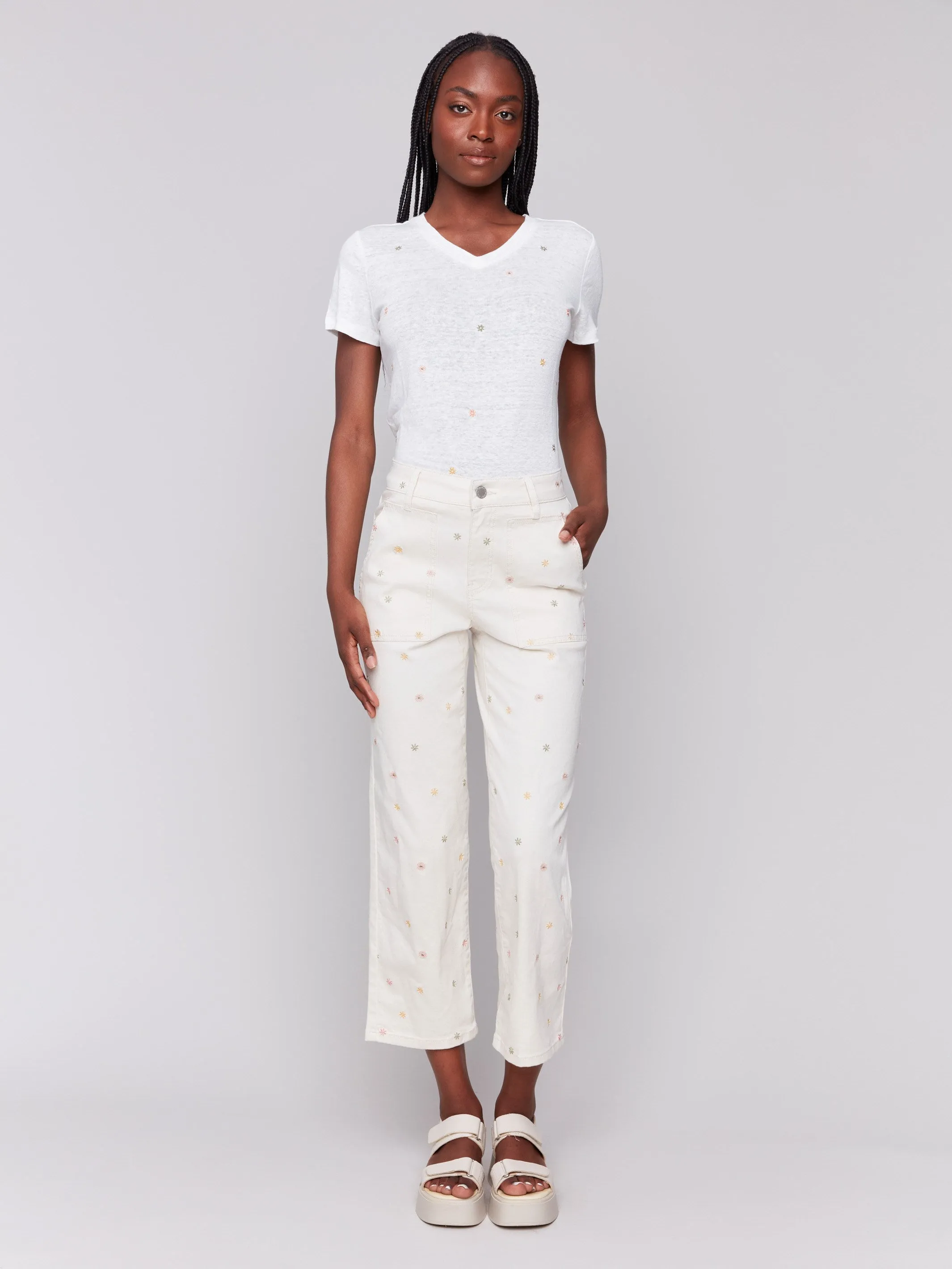 Embroidered Cropped Utility Twill Pants - Natural