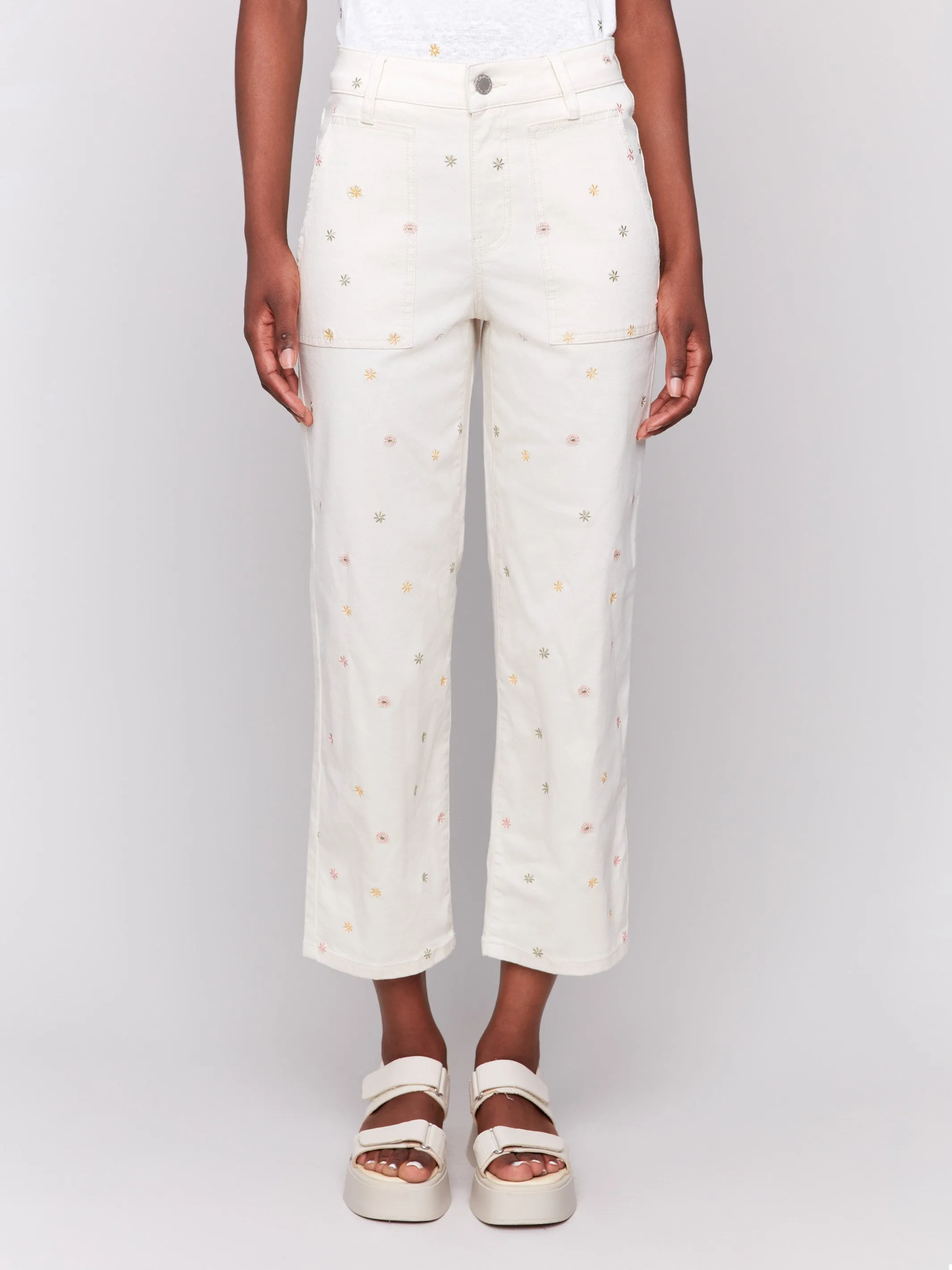 Embroidered Cropped Utility Twill Pants - Natural