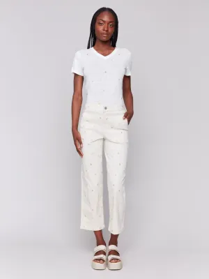Embroidered Cropped Utility Twill Pants - Natural