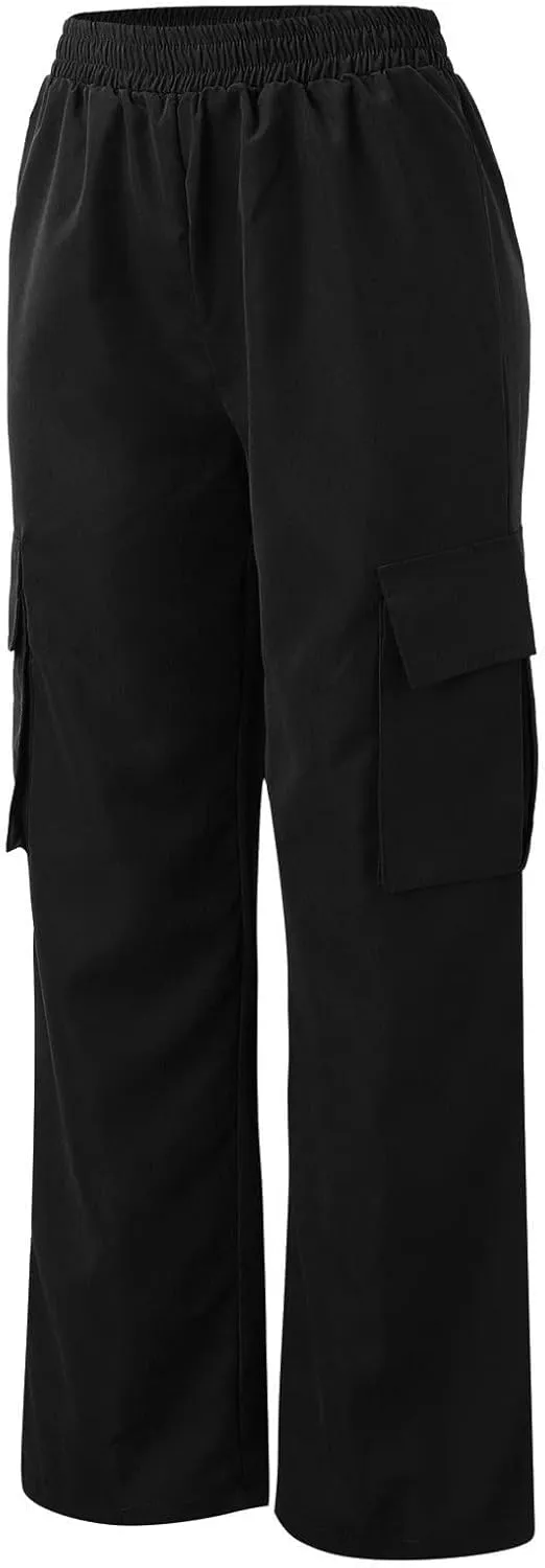 eoeioa Womens High Waist Trendy Y2K Cargo Pants Baggy Summer Straight Pockets Trousers Solid Wide Leg Overalls Long Pants