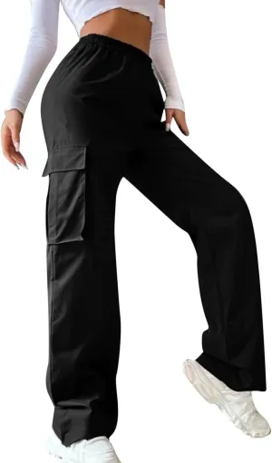 eoeioa Womens High Waist Trendy Y2K Cargo Pants Baggy Summer Straight Pockets Trousers Solid Wide Leg Overalls Long Pants