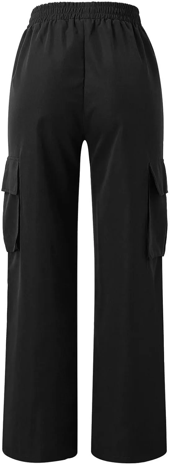 eoeioa Womens High Waist Trendy Y2K Cargo Pants Baggy Summer Straight Pockets Trousers Solid Wide Leg Overalls Long Pants