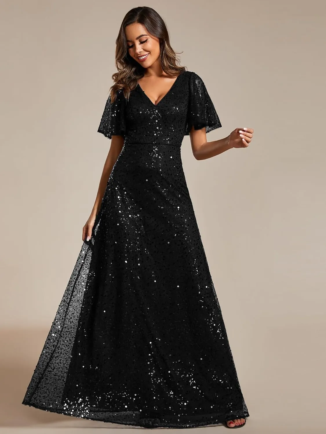 Ever-Pretty Women's Elegant Sequin Short Ruffle Sleeve Embroidery A-Line Evening Dress Formal Wedding Maxi Dress 02120-PH