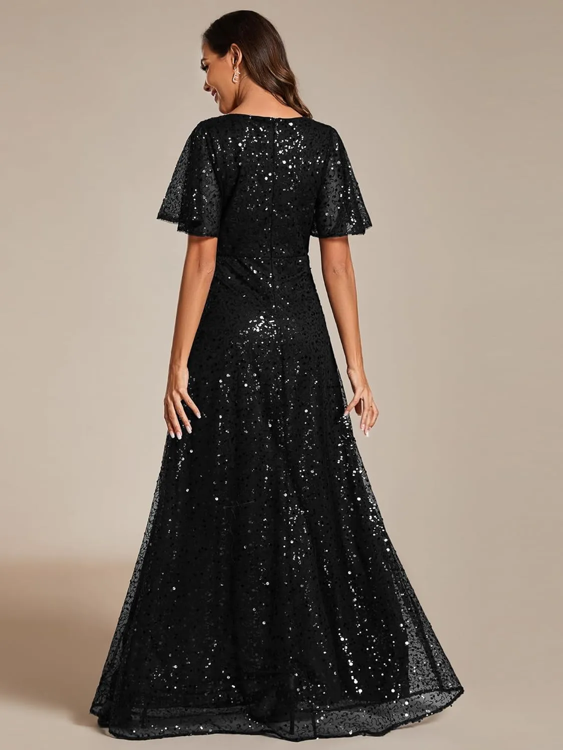 Ever-Pretty Women's Elegant Sequin Short Ruffle Sleeve Embroidery A-Line Evening Dress Formal Wedding Maxi Dress 02120-PH