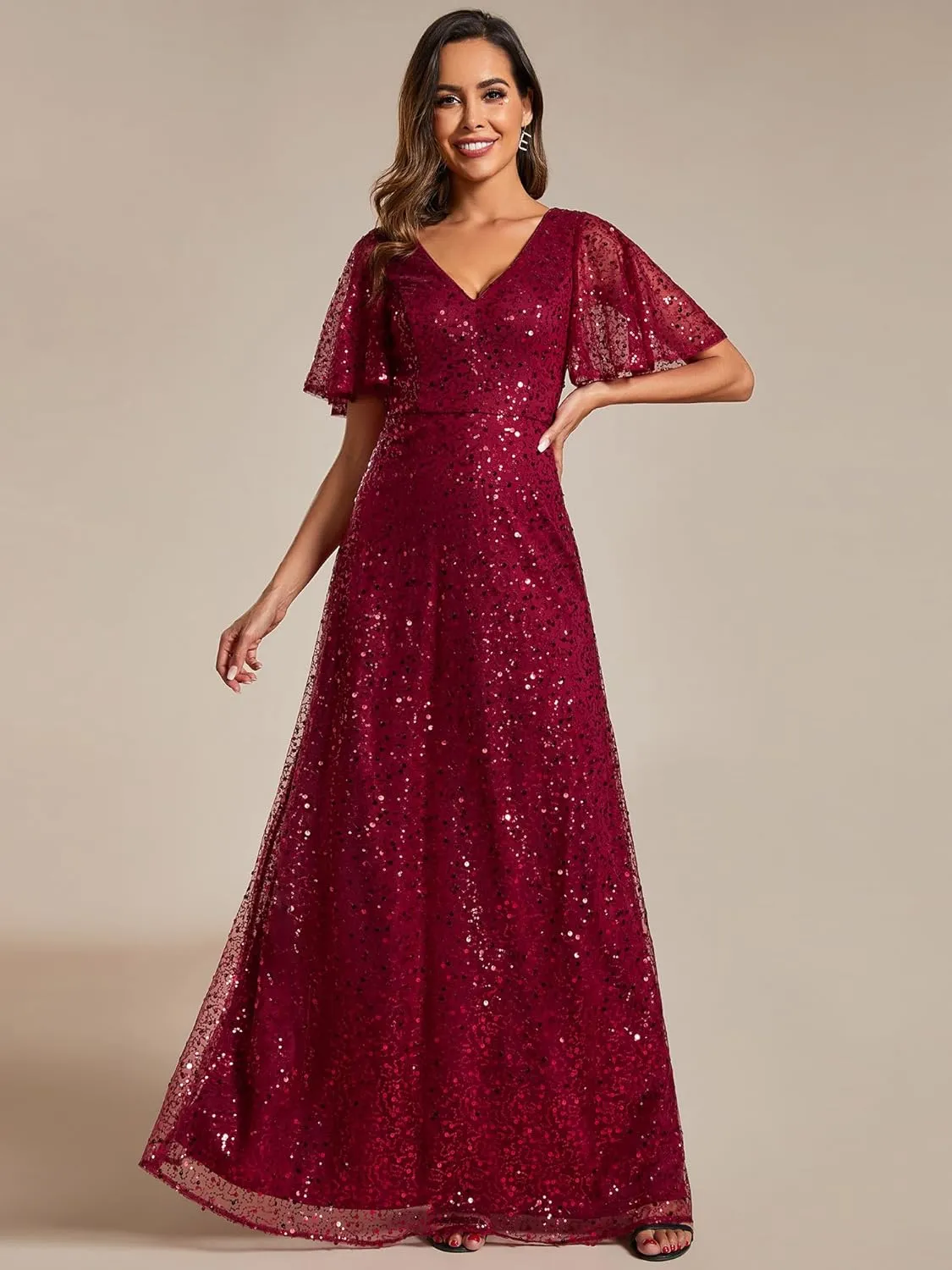 Ever-Pretty Women's Elegant Sequin Short Ruffle Sleeve Embroidery A-Line Evening Dress Formal Wedding Maxi Dress 02120-PH