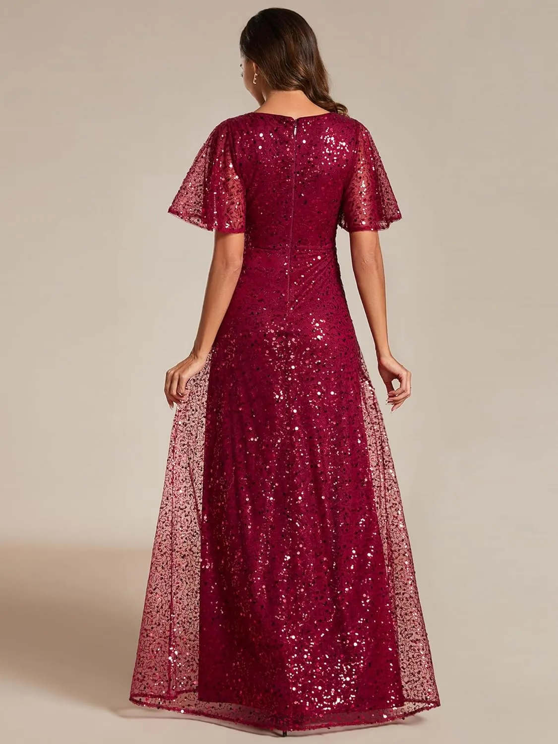 Ever-Pretty Women's Elegant Sequin Short Ruffle Sleeve Embroidery A-Line Evening Dress Formal Wedding Maxi Dress 02120-PH