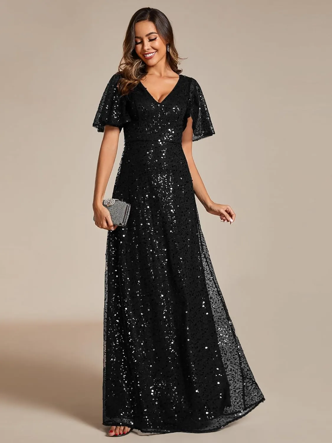 Ever-Pretty Women's Elegant Sequin Short Ruffle Sleeve Embroidery A-Line Evening Dress Formal Wedding Maxi Dress 02120-PH