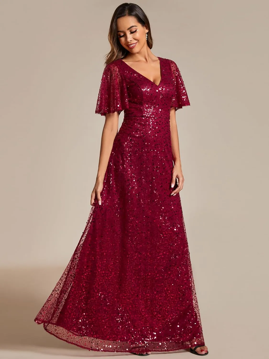 Ever-Pretty Women's Elegant Sequin Short Ruffle Sleeve Embroidery A-Line Evening Dress Formal Wedding Maxi Dress 02120-PH
