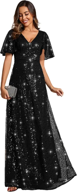 Ever-Pretty Women's Elegant Sequin Short Ruffle Sleeve Embroidery A-Line Evening Dress Formal Wedding Maxi Dress 02120-PH