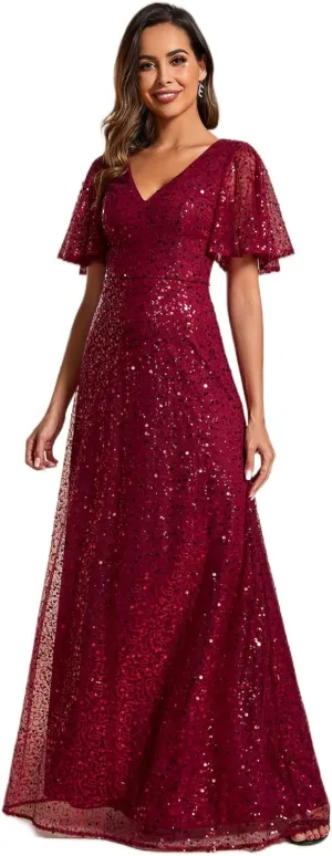 Ever-Pretty Women's Elegant Sequin Short Ruffle Sleeve Embroidery A-Line Evening Dress Formal Wedding Maxi Dress 02120-PH