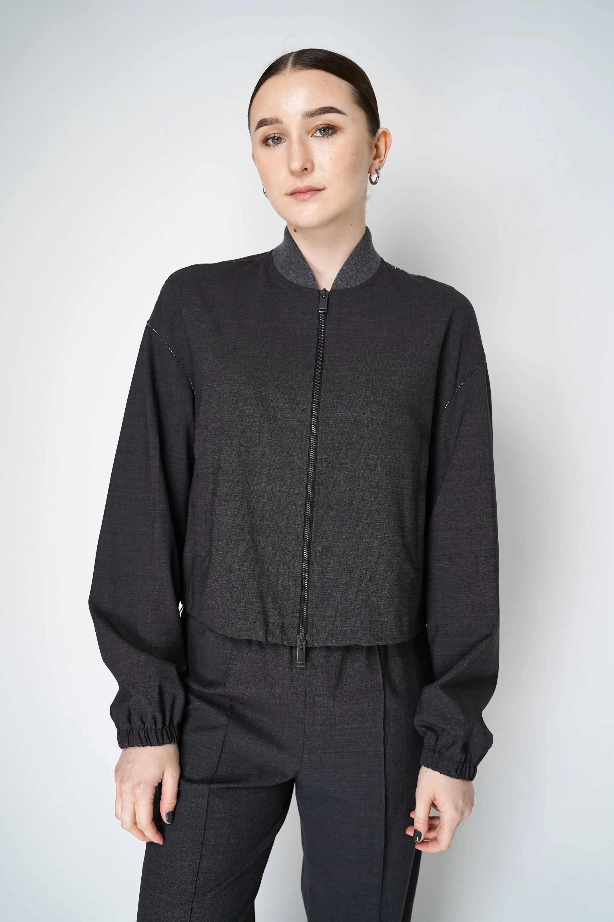 Fabiana Filippi Filo Diamante Merino Wool Bomber Jacket in Grey Melange