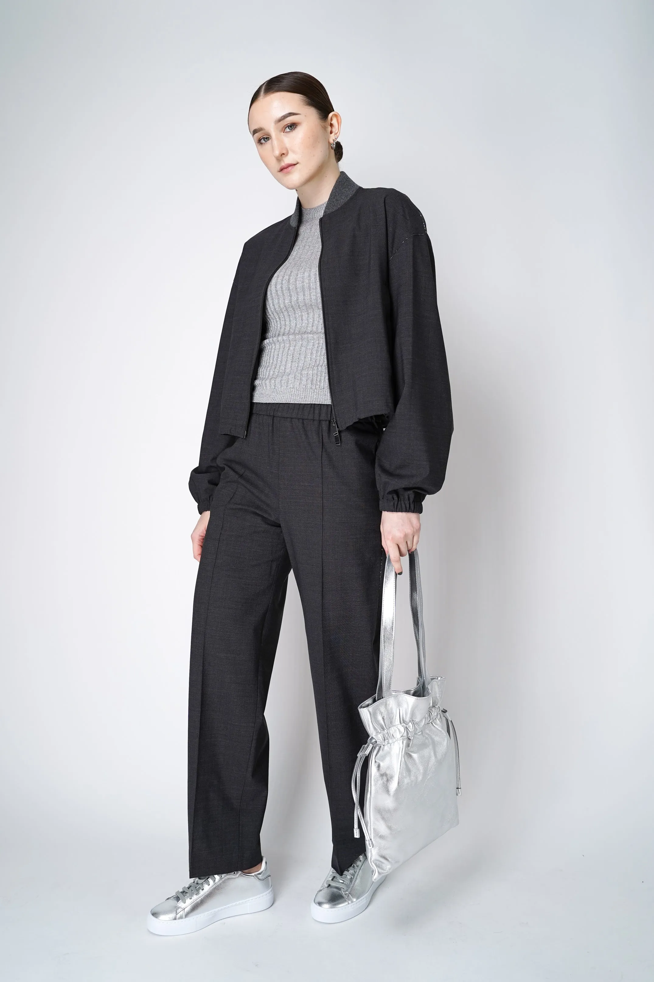 Fabiana Filippi Filo Diamante Merino Wool Bomber Jacket in Grey Melange