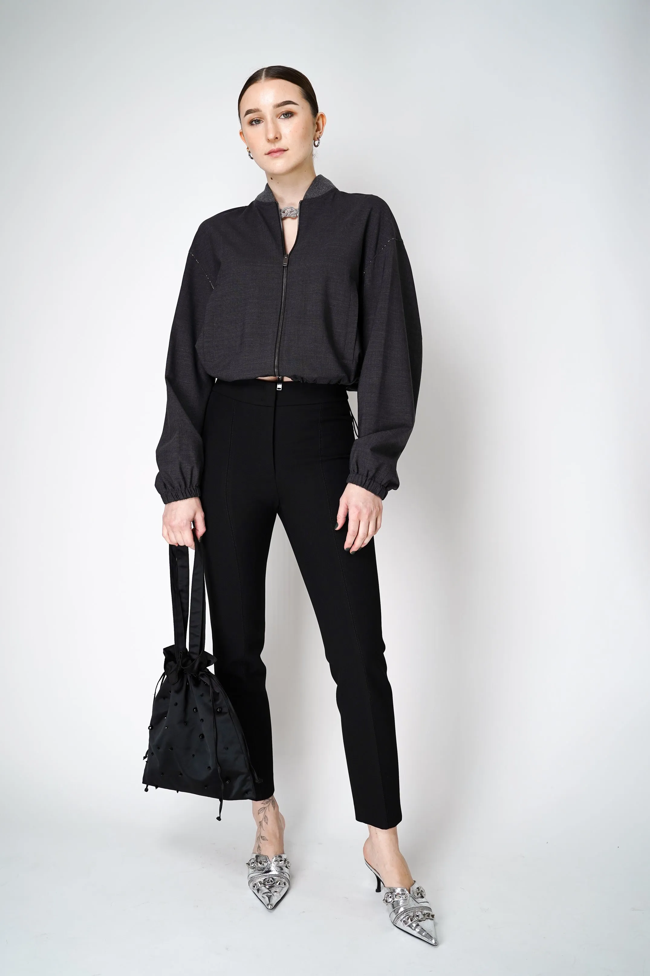 Fabiana Filippi Filo Diamante Merino Wool Bomber Jacket in Grey Melange