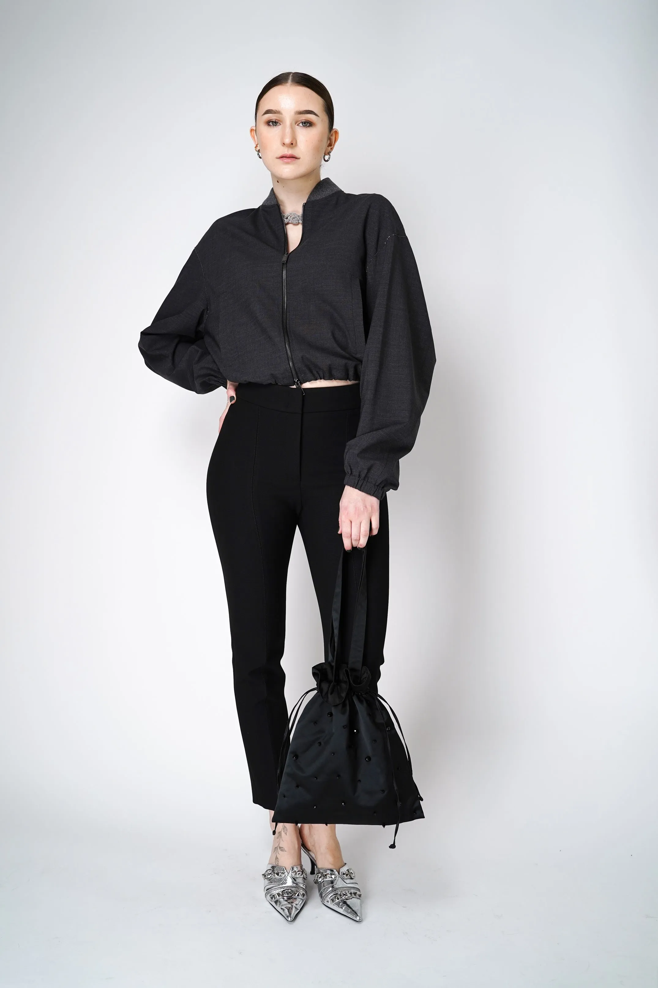 Fabiana Filippi Filo Diamante Merino Wool Bomber Jacket in Grey Melange