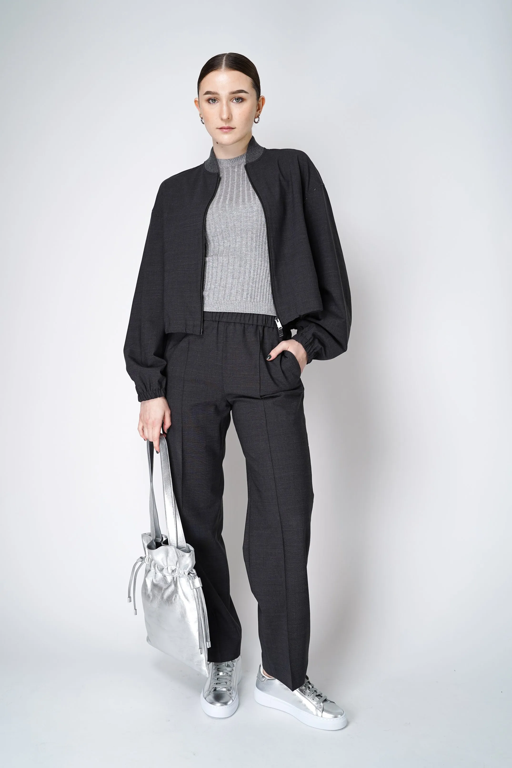 Fabiana Filippi Filo Diamante Merino Wool Bomber Jacket in Grey Melange