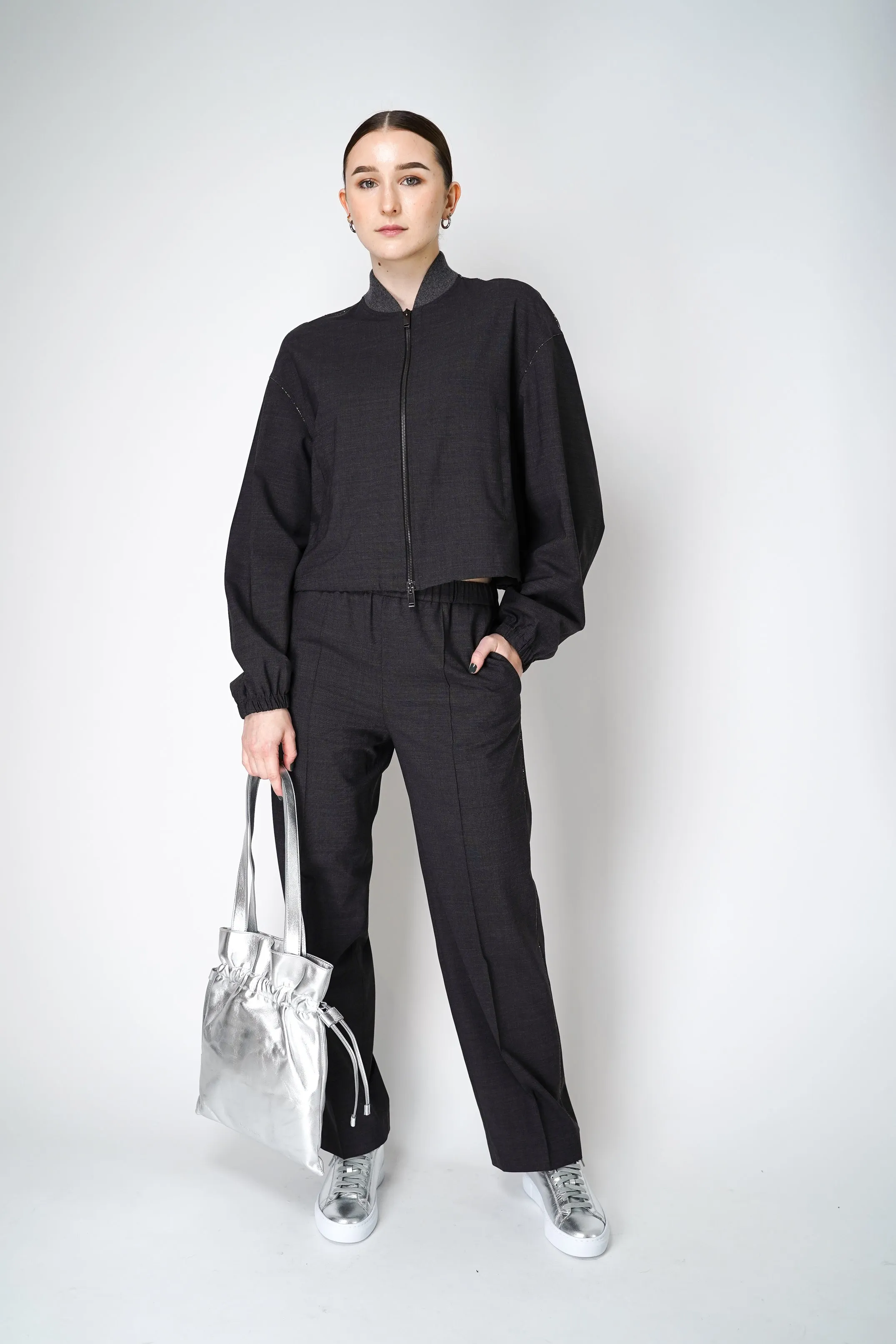 Fabiana Filippi Filo Diamante Merino Wool Bomber Jacket in Grey Melange