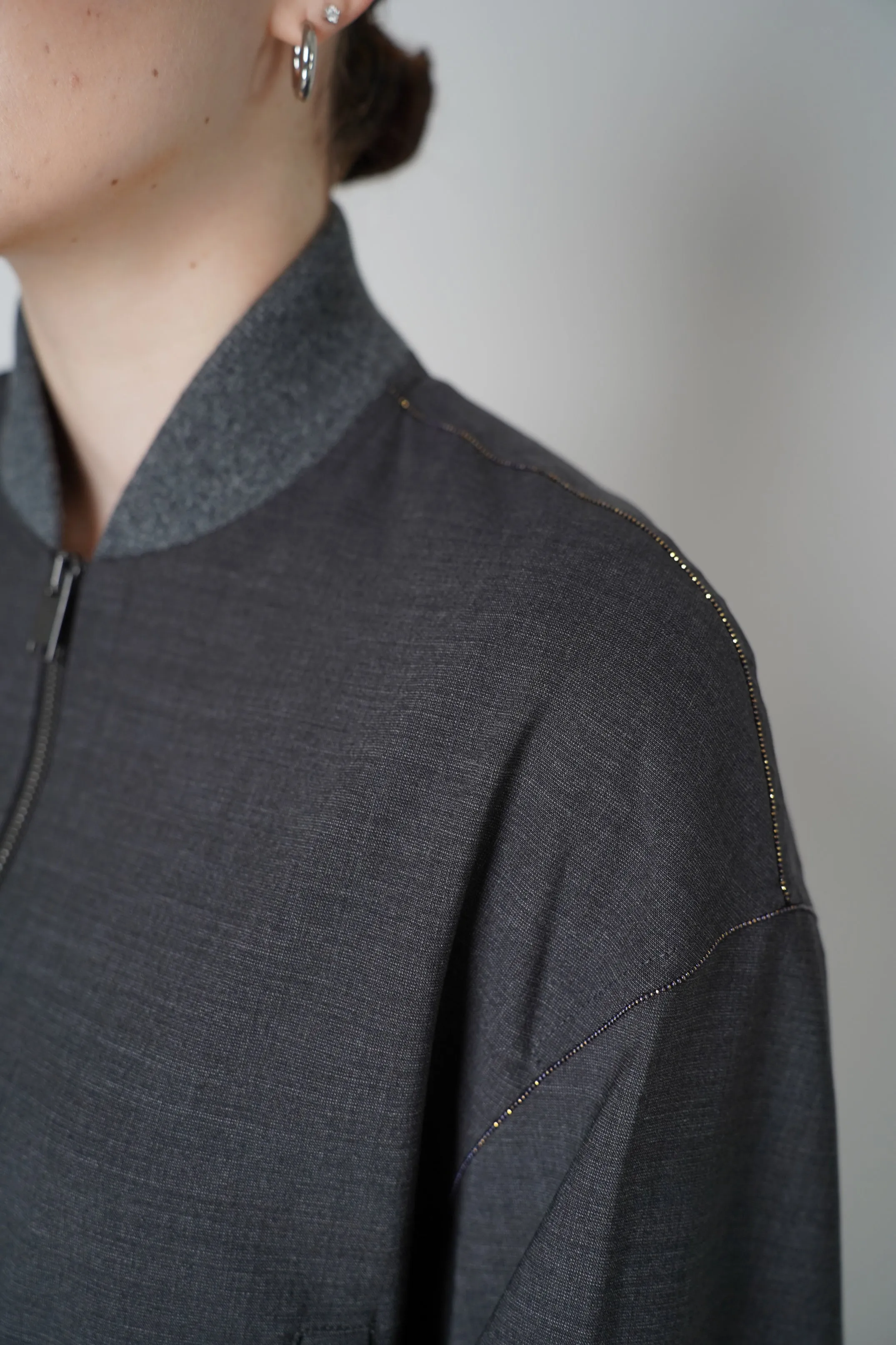 Fabiana Filippi Filo Diamante Merino Wool Bomber Jacket in Grey Melange