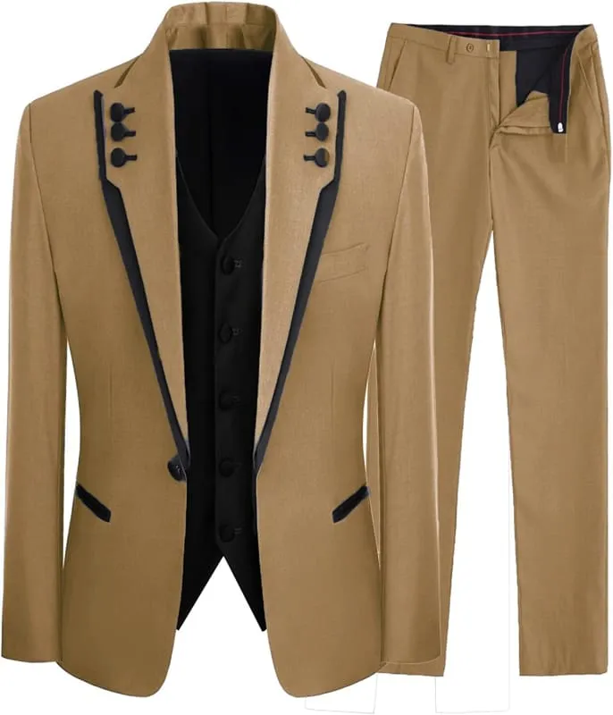 Fancy Light Brown Shawl Lapel Three Pieces Suits For Prom Wedding Coktail Attire Men
