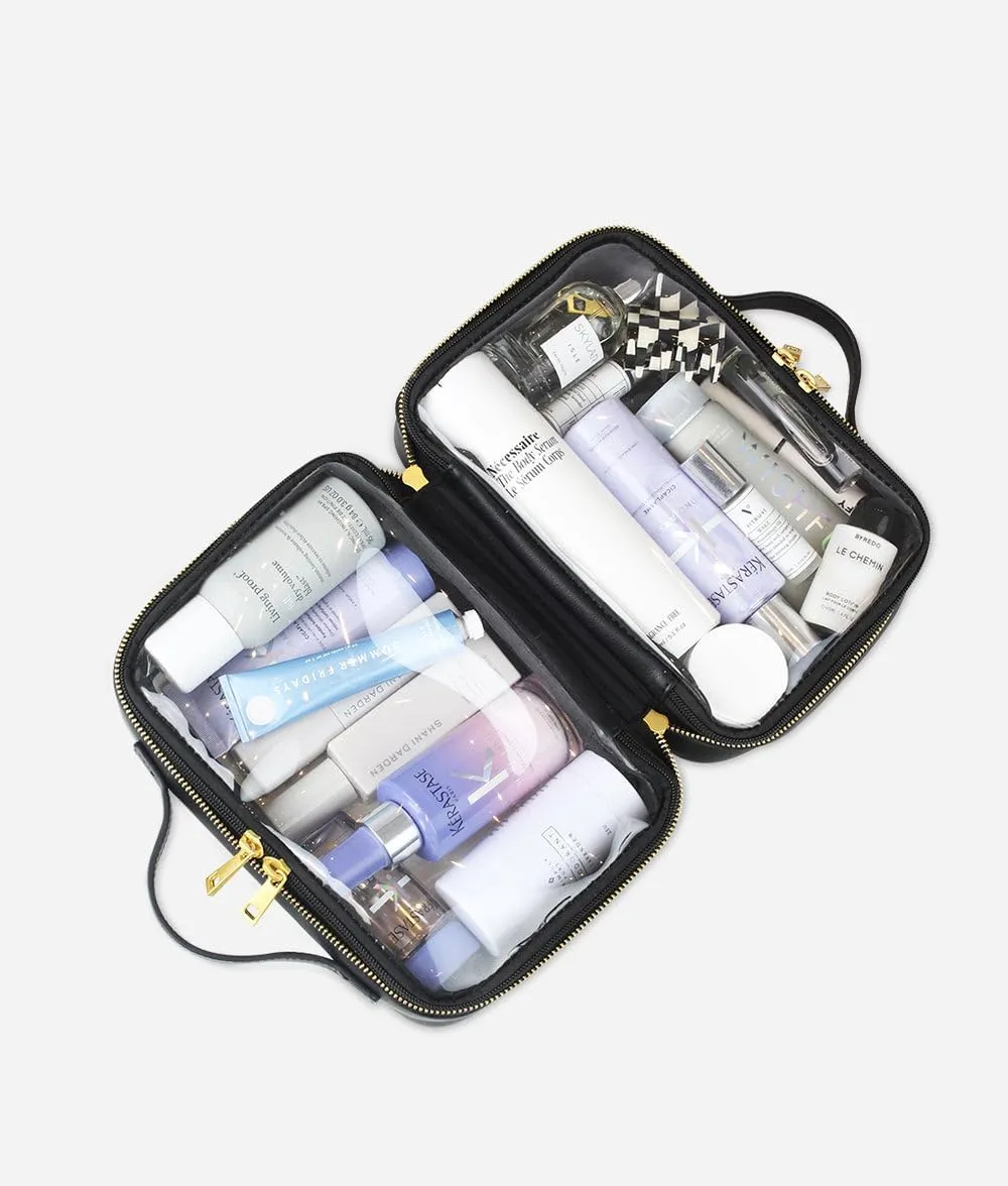 FAWN DESIGN The Toiletry Case, Hanging Travel Toiletry Bag for Women, 2 Compartments, Premium Matte Faux Leather Clear Toiletry Bag, Zippered Large Toiletry Bag, Easy to Clean, 9.5 x 3.5 x 6.5 inches