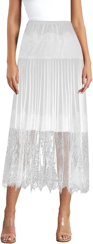 FEORJGP Womens Casual Pleated Skirt Floral Lace Elastic A-Line Midi Skirt for Beach Vacation Club Skirt Summer Streetwear