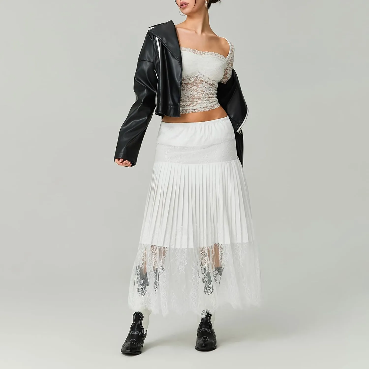 FEORJGP Womens Casual Pleated Skirt Floral Lace Elastic A-Line Midi Skirt for Beach Vacation Club Skirt Summer Streetwear