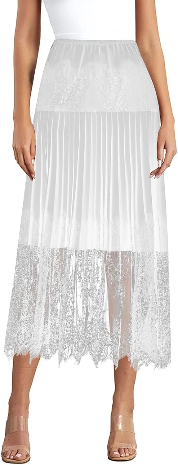 FEORJGP Womens Casual Pleated Skirt Floral Lace Elastic A-Line Midi Skirt for Beach Vacation Club Skirt Summer Streetwear