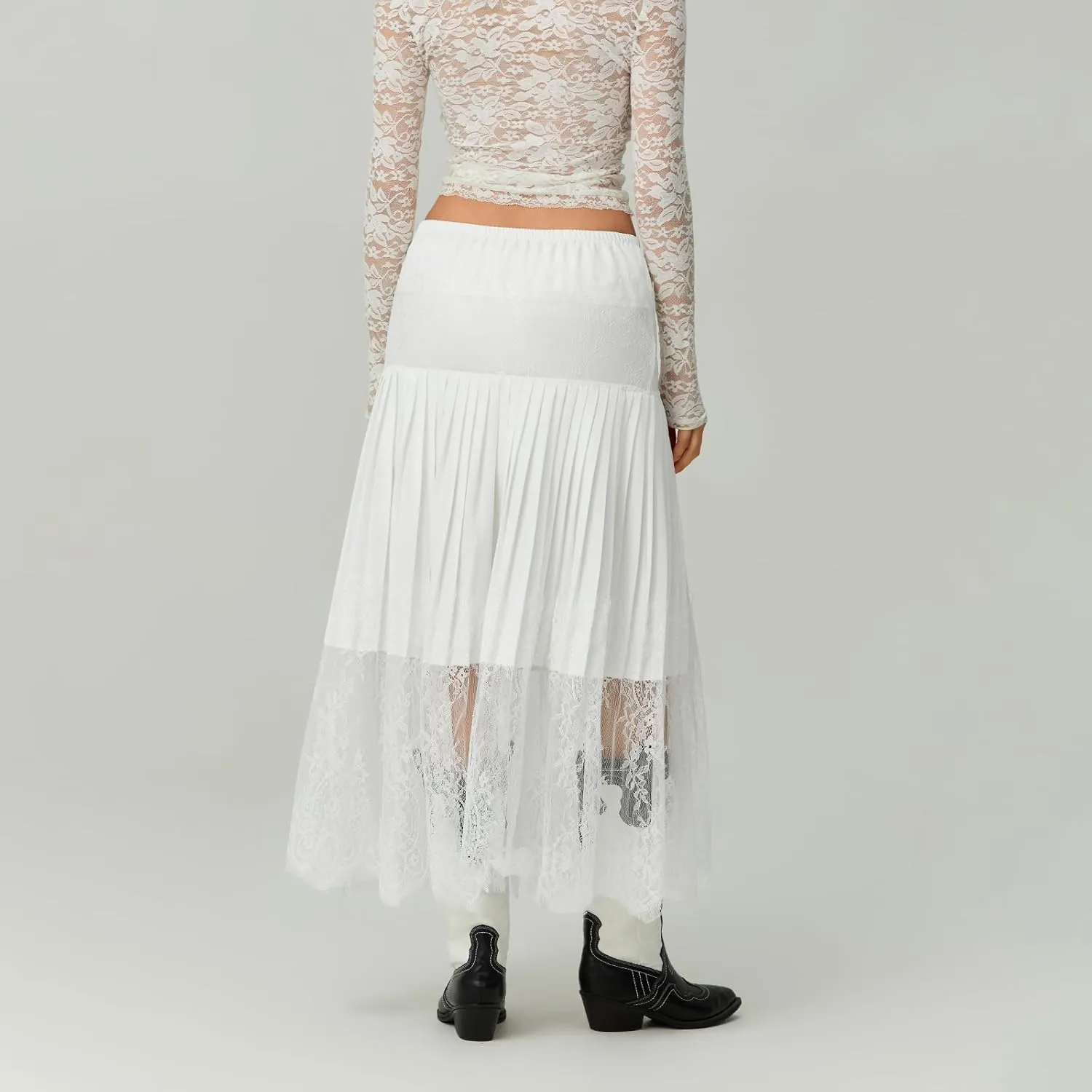 FEORJGP Womens Casual Pleated Skirt Floral Lace Elastic A-Line Midi Skirt for Beach Vacation Club Skirt Summer Streetwear