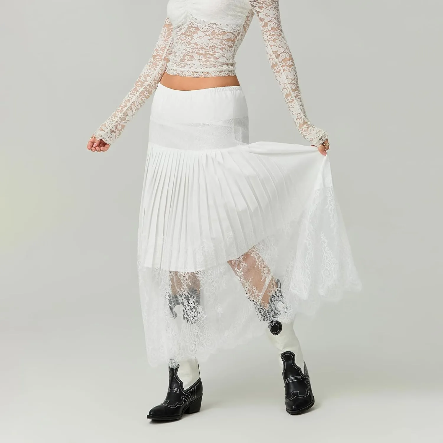 FEORJGP Womens Casual Pleated Skirt Floral Lace Elastic A-Line Midi Skirt for Beach Vacation Club Skirt Summer Streetwear