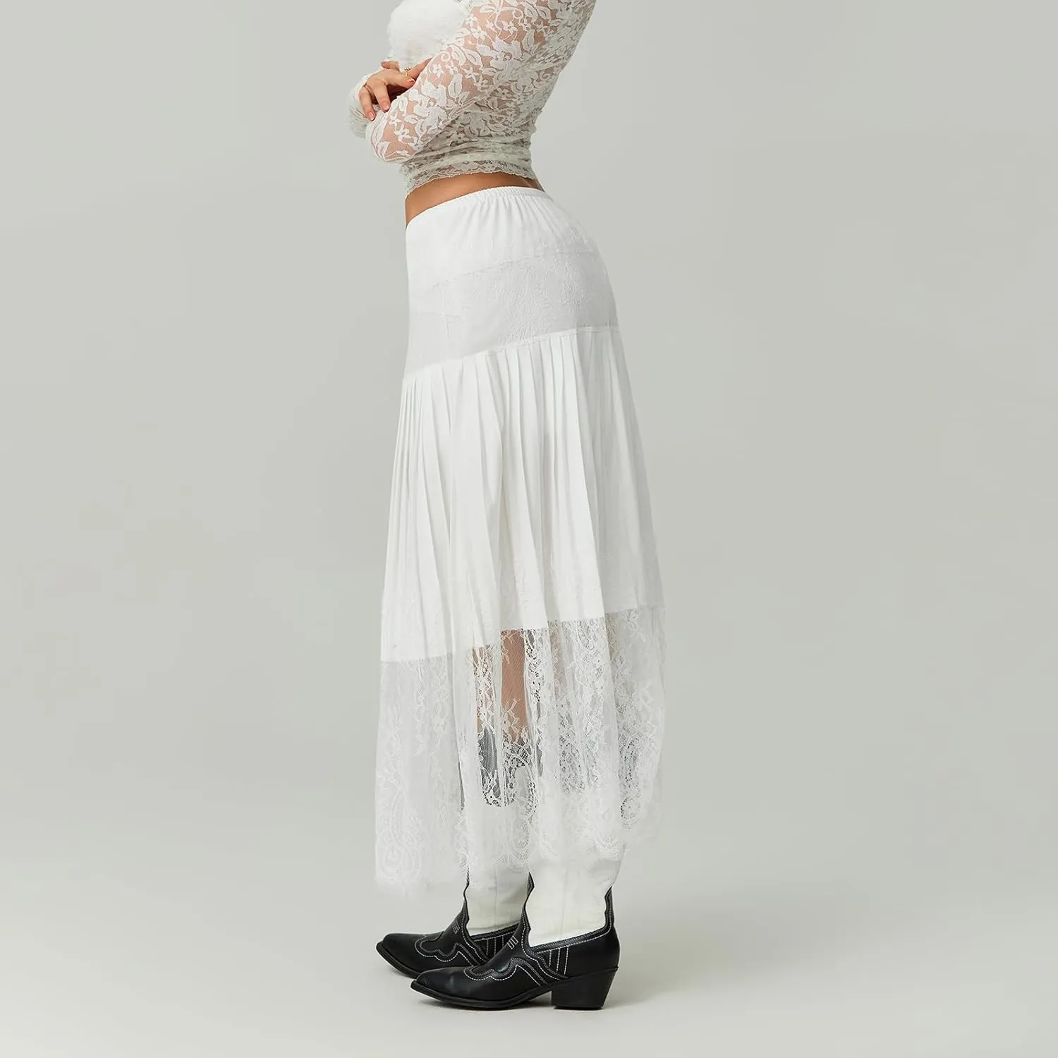 FEORJGP Womens Casual Pleated Skirt Floral Lace Elastic A-Line Midi Skirt for Beach Vacation Club Skirt Summer Streetwear