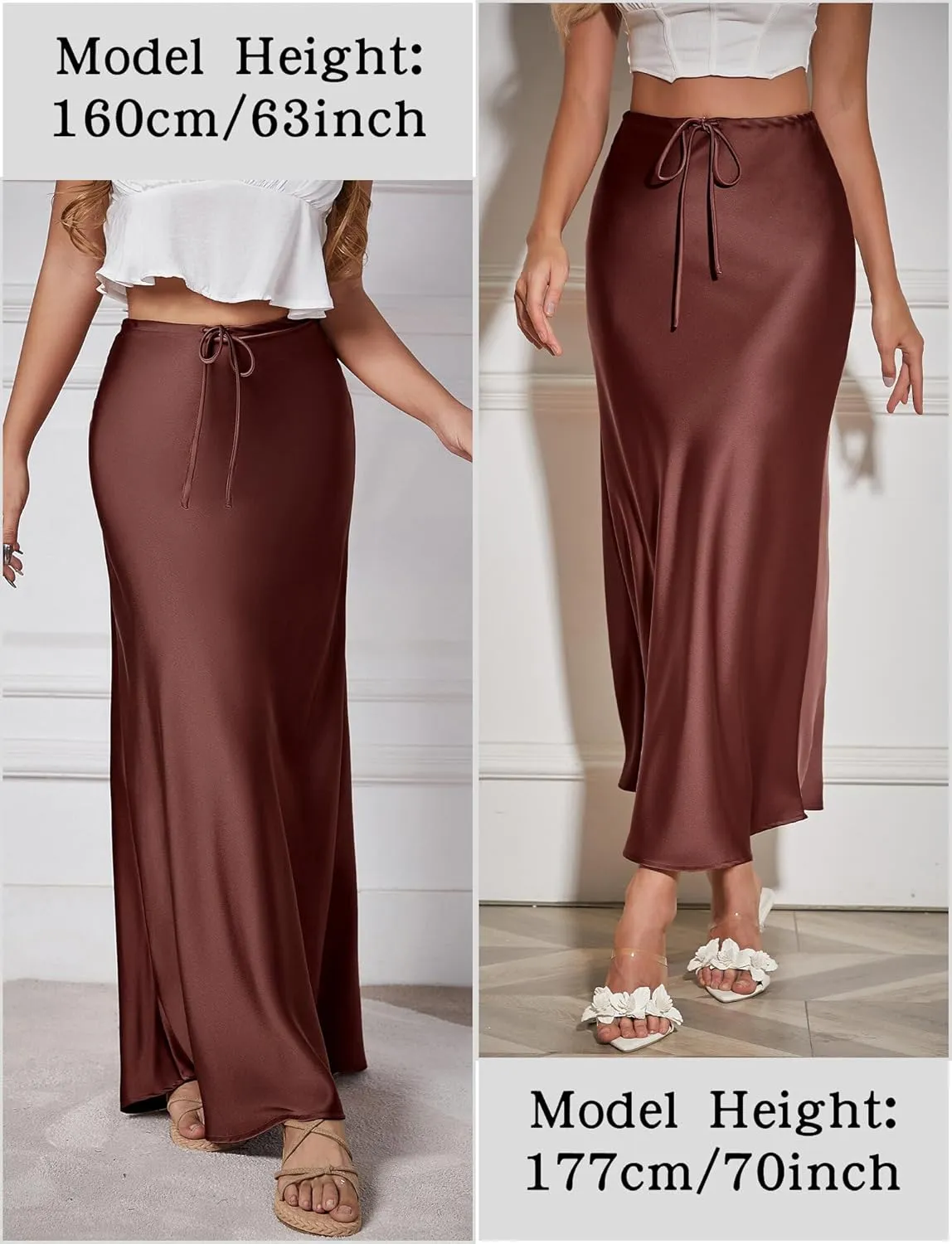 FEOYA Womens Satin Silky Maxi Skirt High Waist A Line Elegant Flowy Mermaid Hem Drawstring Wedding Party Club Spring Skirt
