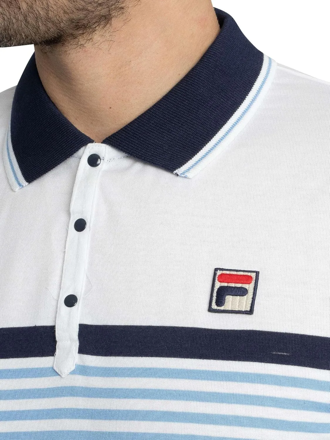 FILA Men's Francis Yarn Dyed Striped Polo, White/Navy/Vista Blue
