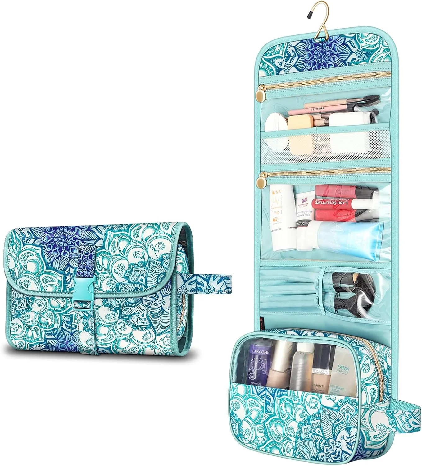 FINTIE Portable Toiletry Cosmetic Travel Bag, Large Water Resistant Hanging Makeup Organizer Storage Pouch Case for Women Girls (Emerald Illusions)
