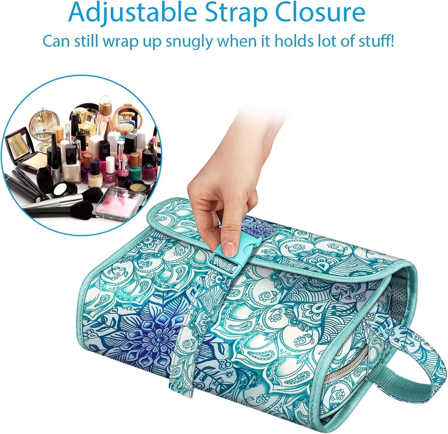 FINTIE Portable Toiletry Cosmetic Travel Bag, Large Water Resistant Hanging Makeup Organizer Storage Pouch Case for Women Girls (Emerald Illusions)