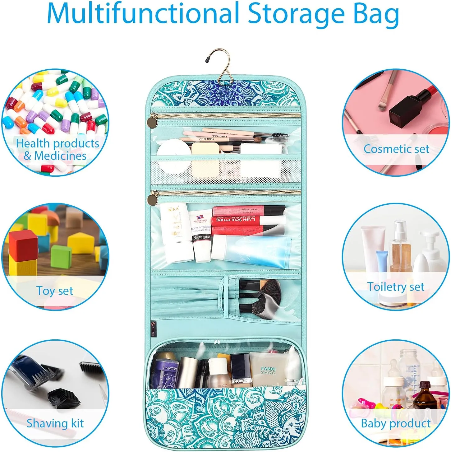 FINTIE Portable Toiletry Cosmetic Travel Bag, Large Water Resistant Hanging Makeup Organizer Storage Pouch Case for Women Girls (Emerald Illusions)