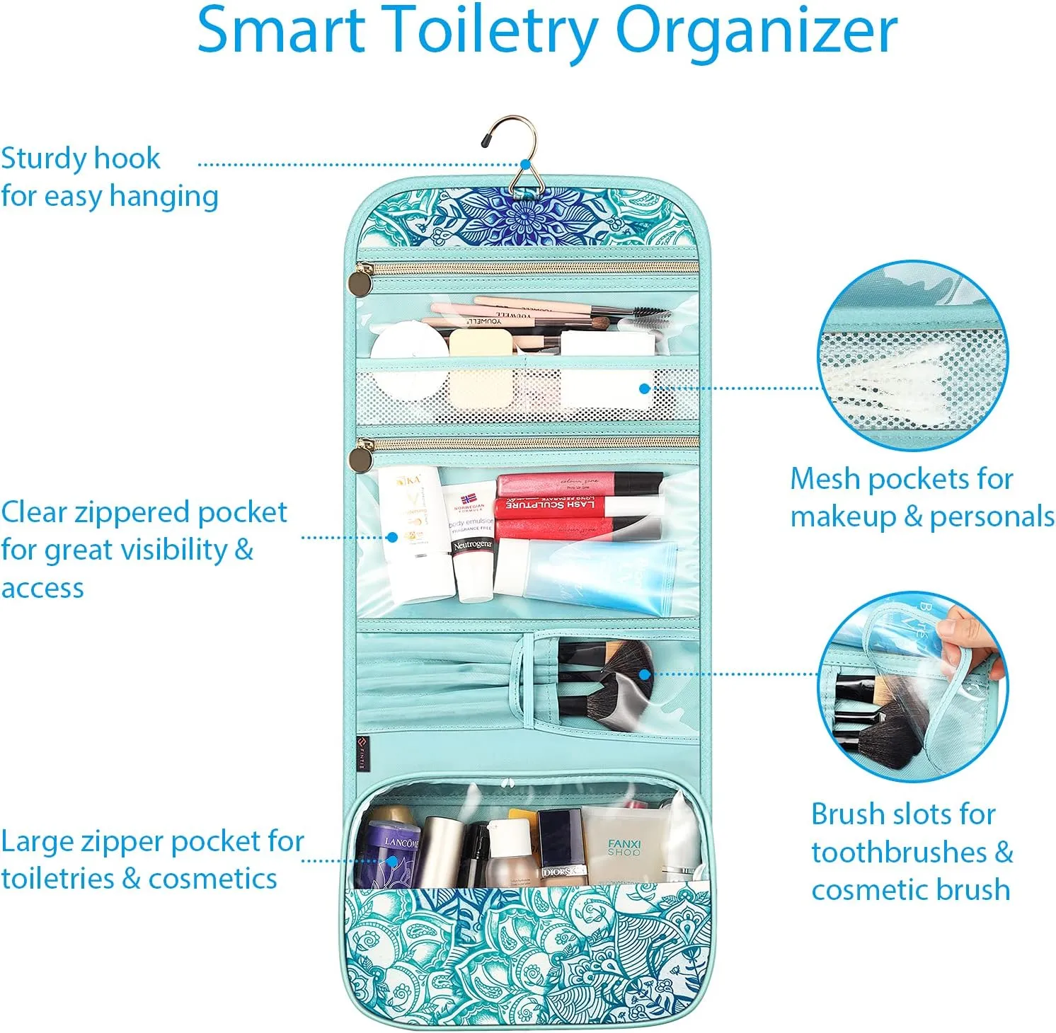 FINTIE Portable Toiletry Cosmetic Travel Bag, Large Water Resistant Hanging Makeup Organizer Storage Pouch Case for Women Girls (Emerald Illusions)