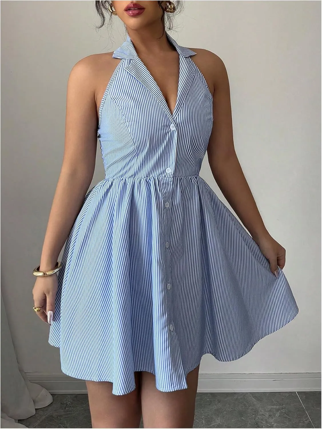 Floerns Women's Striped Halter Shirts Dress Collared Button Up Ruffle Hem Mini Dresses