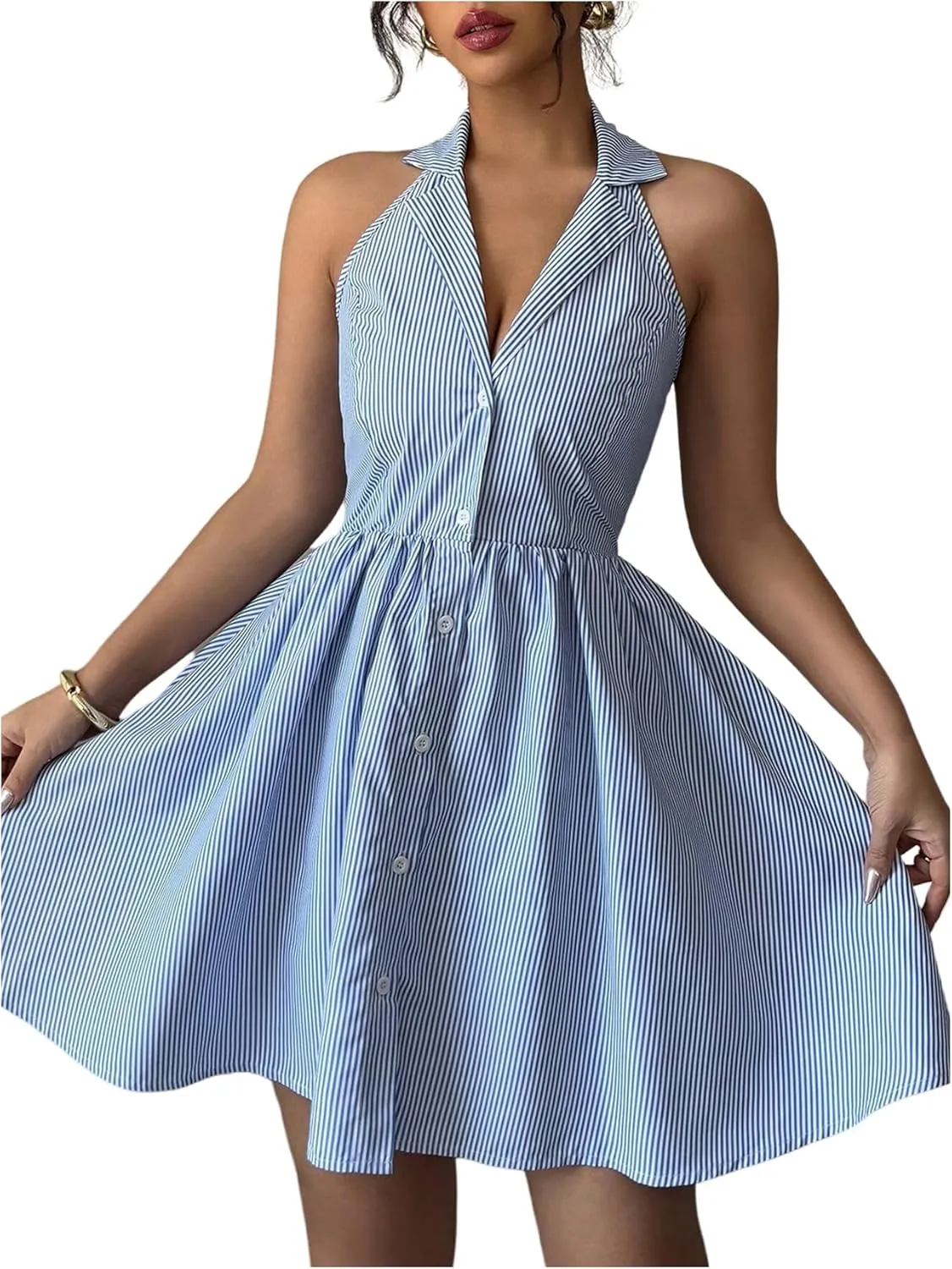 Floerns Women's Striped Halter Shirts Dress Collared Button Up Ruffle Hem Mini Dresses